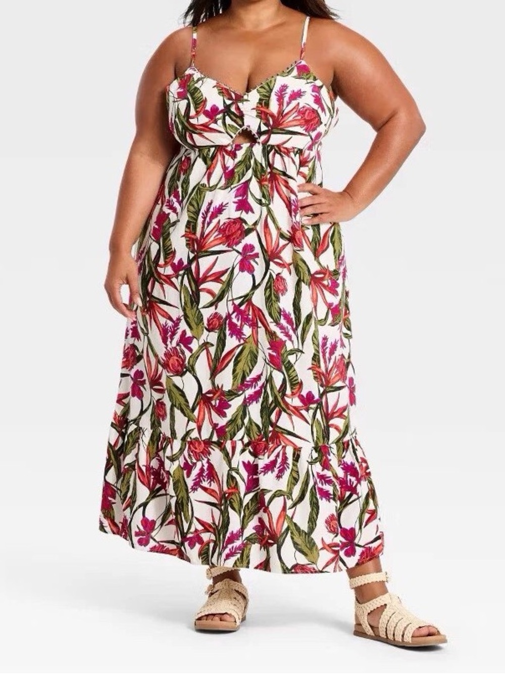 Plus-Size Floral Maxi Dress with Spaghetti Straps - White & Pink